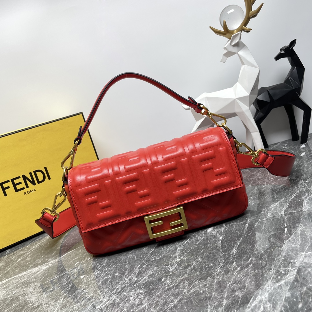 Fendi Medium Baguette Nappa Leather with FF Motif Shoulder Bag Red